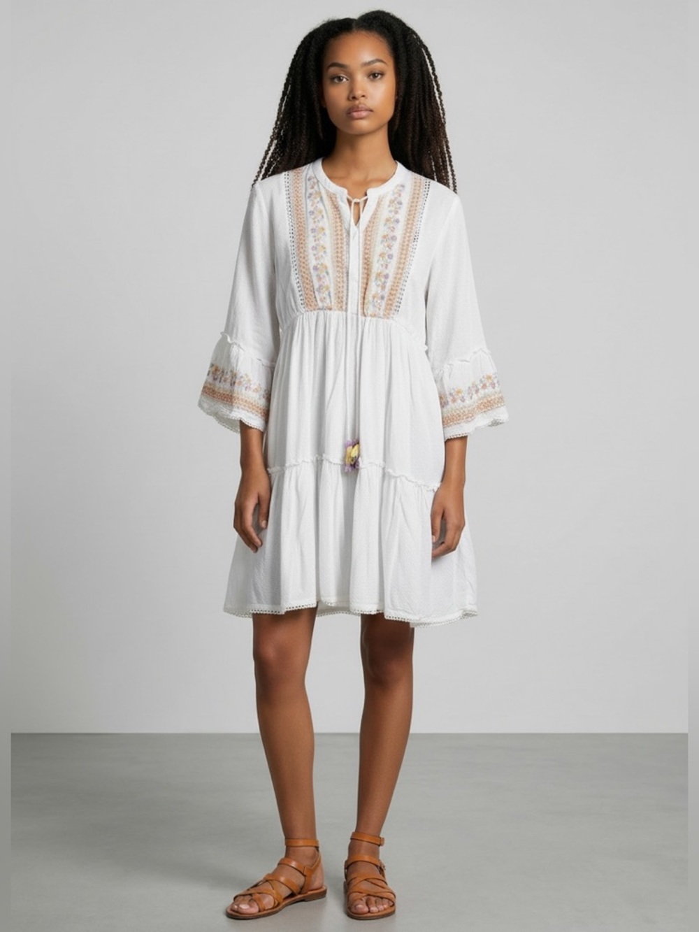 Zudio White Boho Tiered Mini Dress XL Tassel Embroidered Bell Sleeve Tie Neck